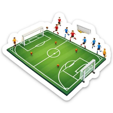 A mini-football match in an indoor sports hall with wooden flooring and clear field markings. The scene shows a vibrant game in action, with players positioned on the court, the goalposts visible, and the atmosphere filled with energy and focus. sticker