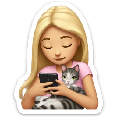 Girl snuggling with cat both looking at cell phone  sticker