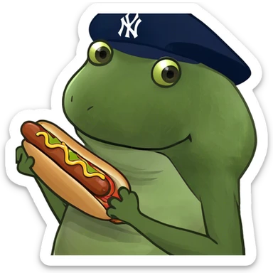 wearing a yankees hat, holding a hotdog sticker