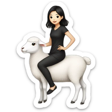 Asian girl with shirt black hair, black dress, riding on a lamb sticker