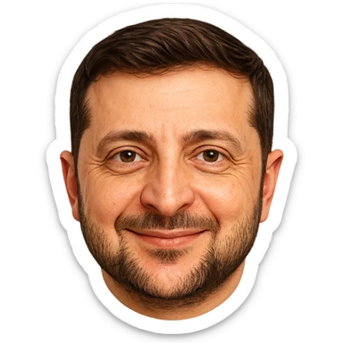 Vladimir Zelensky as an emoji with a round face, close likeness to his real face, detailed hair, beard, and eyes, friendly smile, high quality sticker