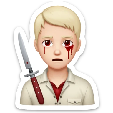 A person with a knife that looks tired and there’s blood on their neck sticker