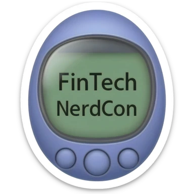 please create me a tamagotchi that syas fintech nerdcon on the screen, and make the style of the tamagotchi round and nerdy and gamer like. GTA style sticker