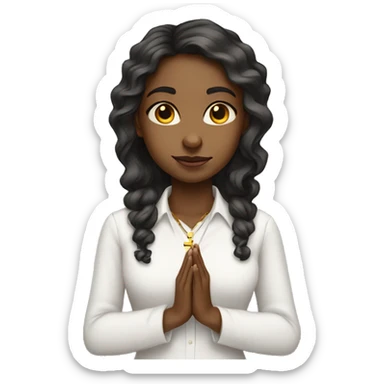 Young Black woman wavy hair praying with cross necklace in hands white collar shirt sticker
