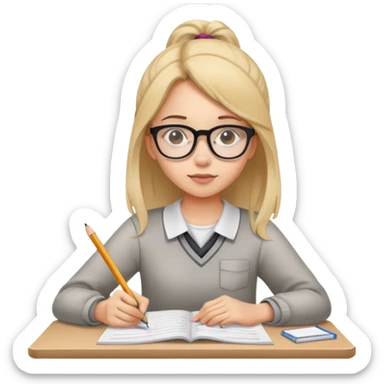 Girl student with glasses focused on exam papers, writing with pencil sticker
