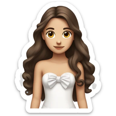 Brunette girl with long brown hair and brown eyes, with large angel wings and a white bow in a strapless dress sticker