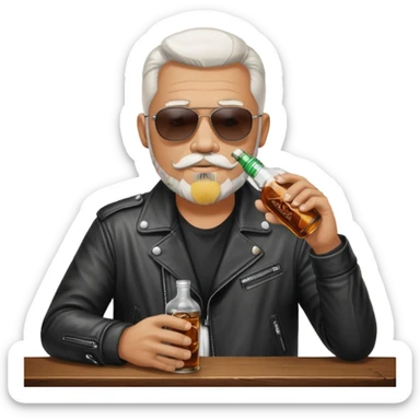 Un motero de perilla blanca tipo Quijote, gafas oscuras chupa de cuero y bebiendo de una botella de Jack Daniel's. sticker