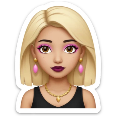 Sweet Indian girl blonde hair darkbrow eyes brown lipstick, pink blush, black top gold earrings, brown eyebrows gold eyeshadow  sticker