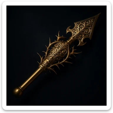 A fantasy arrow with a sleek gold shaft, rounded blunt tip, elaborate gold filigree, and sharp thorns encircling it. Metallic sheen, dark background, cinematic, highly detailed. sticker