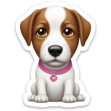 perro blanco con una mancha marrón en el ojo derecho y la oreja izquierda marrón con un lazo rosa bebé  sticker