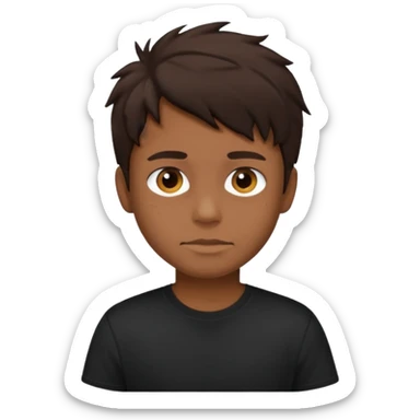 a tan boy with messy dark brown hair. Wearing a black tshirt sticker