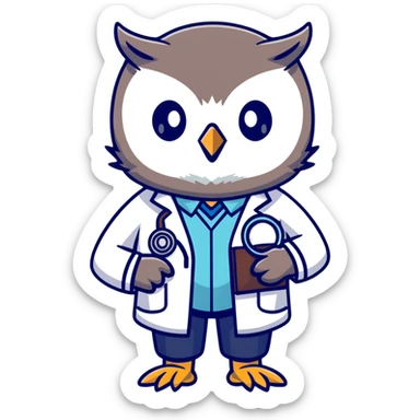 Twilio owl wearing doctor outfit with stethoscope and white coat sticker
