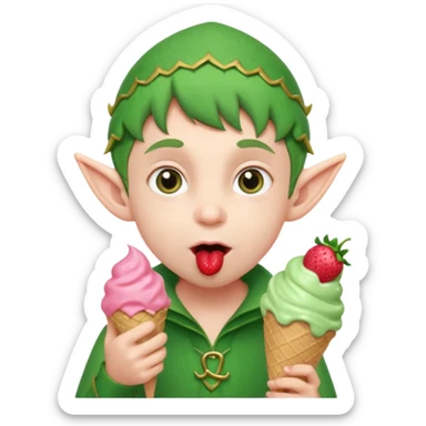 
A young elf boy in leafy clothes licking a triple-scoop ice cream with wide eyes.
baby elf with strawberry ice cream




 sticker