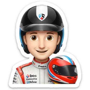 Robert Kubica, smiling, holding a racing helmet sticker