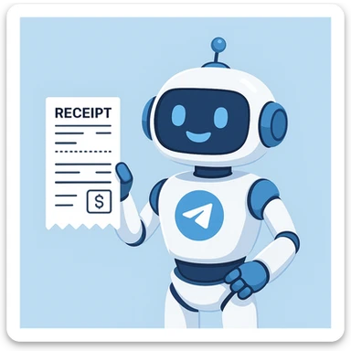 modern and friendly robot with Telegram logo on its body, holding a digital receipt, representing a Telegram bot generating payment checks, clean and professional style sticker