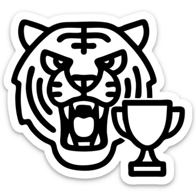 minimal icon of roaring Bengal tiger head with small trophy, strong outlines, flat color palette sticker