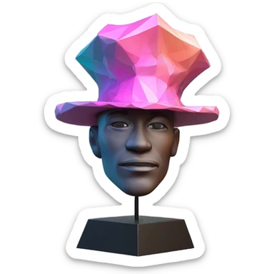 sculpture Mage hat without . Hat is geometric, faceted design. The hat is standing upright on a base with angular and baroque features. The vibrant midtone tints of pastels and pink highlights the sharp edges and planes. detailed hat no person is wearing sticker