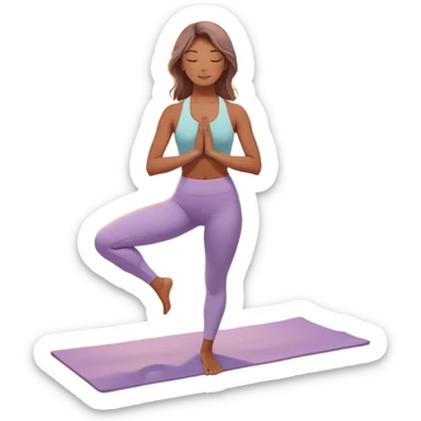 A peaceful person practicing yoga on a calm beach at sunrise, in a serene meditative pose. Soft pastel colors surround the scene, with gentle waves in the background and smooth, flowing lines representing balance and tranquility. The atmosphere feels centered and mindful. sticker