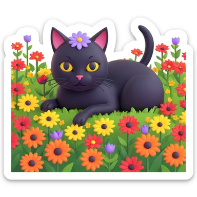 A black cat with a flower on its head in a field of flowers, lying down sticker