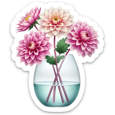 soft pastel realistic dahlia flowers in a clear vase with clear water sticker