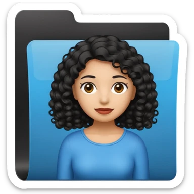 A **simple emoji-style icon** of a **black transparent plastic folder**, sleek and minimal, with **rounded corners**, subtle translucency, soft shading, and a **small logo of a dark skinned latina with curly black hair** on the front.
 sticker