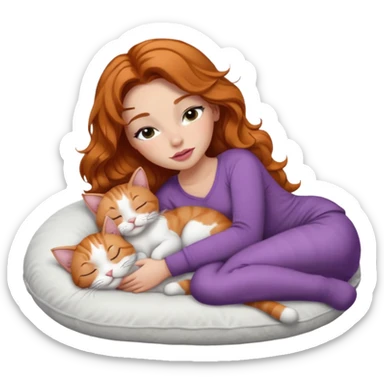 girl with long wavy brown hair, long lashes makeup, sexy pink lips, light to medium complexion,  sleeping on a cozy pillow, with 6 cats: 1 ginger/white, 1 grey with white paws, 1 calico, 2 grey and white and one tabby and white sticker