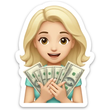 Girl holding lots of money looking excited sticker