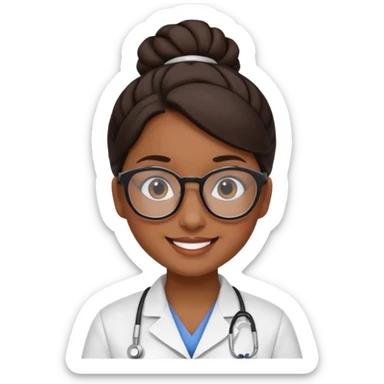 una enfermera escolar con gafas llamativas y un moño pequeño, morena de piel y pelo sticker