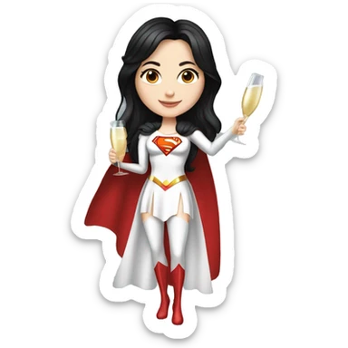 White girl in a superwoman costume with long black hair holding a champagne bottle realistic  sticker