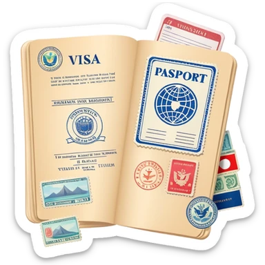 Travel visa document with stamps and passport sticker