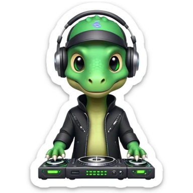 Dinosaurio muy tierno músico DJ con ropa negra futurista verexxo color verde sticker