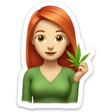 female red hair, sitting, holding marijuana leaf  sticker