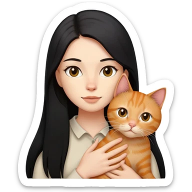 Woman with black long straight hair holding a ginger cat  sticker
