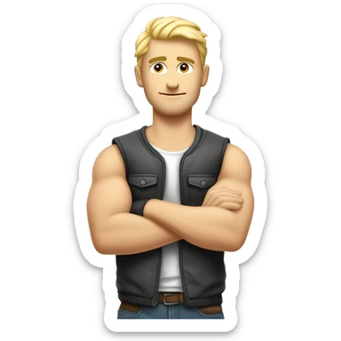 cool man arms crossed, white man, blond, in vest, sporty` sticker