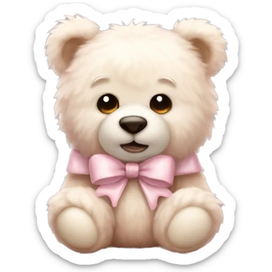 very fluffy pale teddy bear, cute, pale pink bow sticker