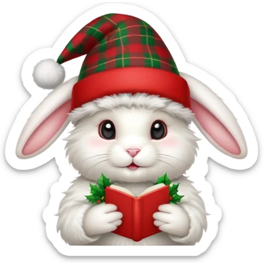 fluffy white angora rabbit wearing red and green plaid Christmas hat held in hands sticker