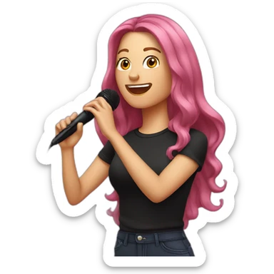 Caucasian woman with long hair and pink highlights, with a microphone singing, wearing a black t-shirt sticker