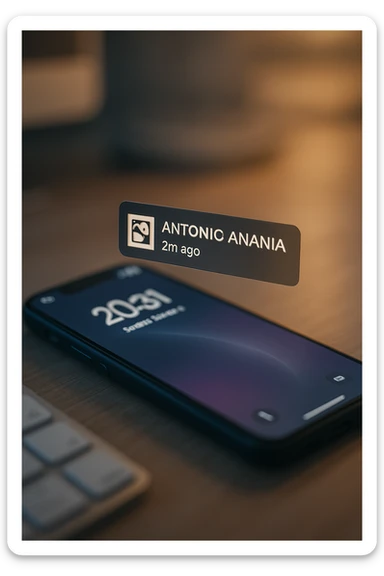 A photo of an iPhone with the message "Antonio Anania" on its screen, both surrounded by soft light and shadow. The phone sits atop a desk with a blurred background that suggests work environment. A faint glow from above casts gentle shadows across the surface of each object, creating depth and highlighting their textures. sticker