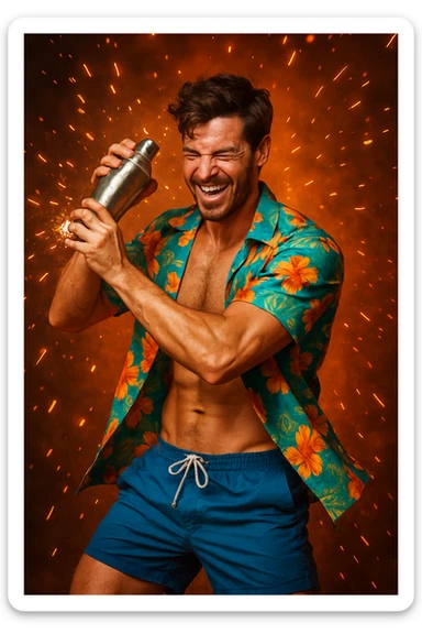 human male Unbuttoned Hawaiian shirt, swim trunks, shaking a cocktail shaker (sparks flying) sticker