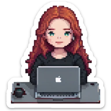 white-skinned red-haired woman using a MacBook, pixel art style sticker