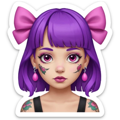 girl with bangs and purple hair and pink hairbow on the side of head and earrings and very heavy face tattoos sticker