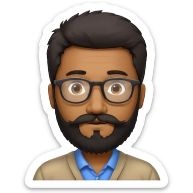 Indian software developer with beards and specs, with few white hairs in mostly black beard and hair. Hair fluffy and back brushed. Mustache and beard not neatly done sticker