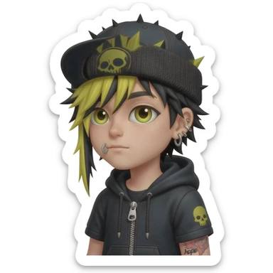 boy japan spiky long  yellow black hair, hoodie zip is vignetteskullcap wear piercings tatto "hope" sticker