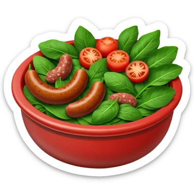 Bowl of spinach, bowl of tomatoes, bowl of sausage sticker