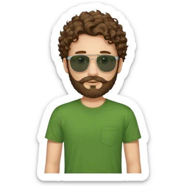 a self asured white male. brown hair. green t-shirt. blue background 5 days beard. sunglasses. longer curly hair sticker