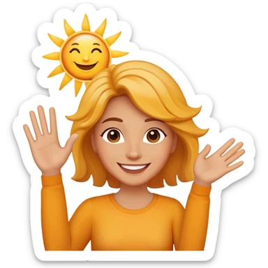 a person waving and saying good morning, sun rising in background, cheerful and friendly sticker