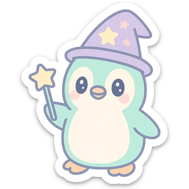 {
  "style_description": {
    "overall_look": "Cute, minimal, and soft with a friendly and playful tone",
    "material_simulation": {
      "primary_material": "flat digital color",
      "texture_detail": "smooth surfaces with no texture or shading",
      "pattern": "none or very simple decorative accents (e.g., hearts, stars)"
    },
    "geometry": {
      "edge_style": "rounded, soft curves with no sharp angles",
      "dimensionality": "flat two-dimensional appearance with simple shapes"
    },
    "color_palette": {
      "scheme": "pastel and light tones",
      "preferred_colors": ["pink", "mint", "lavender", "baby blue", "peach"],
      "contrast": "low contrast with bright accents"
    },
    "facial_features": {
      "eyes": "large, sparkly, often oval or circular",
      "mouth": "small, often a simple curve or dot",
      "expression": "joyful, innocent, or calm"
    },
    "lighting": {
      "type": "none or implied with soft highlights",
      "purpose": "maintain a clean and cheerful look"
    },
    "render_constraints": {
      "avoid": ["realistic shading", "high detail", "dark themes", "texture noise"],
      "focus_on": ["cute expression", "iconic simplicity", "emotional warmth"]
    },
    "background": {
      "color": "white or soft pastel",
      "style": "plain or patterned with simple icons (e.g., polka dots, stars)",
      "lighting_consistency": "no shadows, evenly lit feel"
    }
  }
}

{subject} = penguin wizard sticker