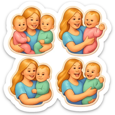 one-year-old twin girls with short light hair sitting on the arms of their mother with long light hair, all wearing pastel cute clothes, soft shadows and highlights, retro stickers style, multiple pose variations sticker