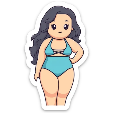 beautiful curvy woman with fair skin, long wavy black hair, and gray eyes in swimwear sticker