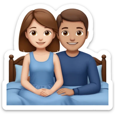A brown-haired girl and a brown-haired man. They are both on a bed. The girl is sitting on the man. sticker